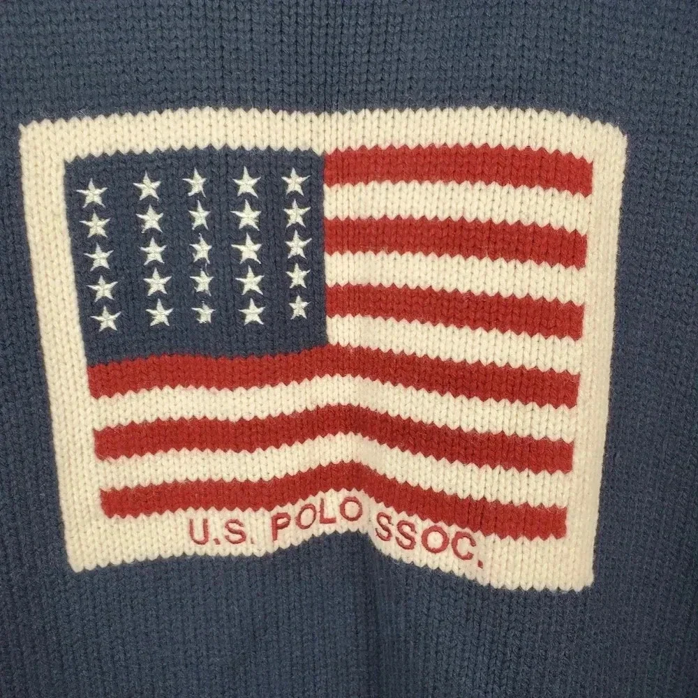US Polo Assn Mens XL Navy Blue USA Flag Logo Wool Blend Crewneck Sweater